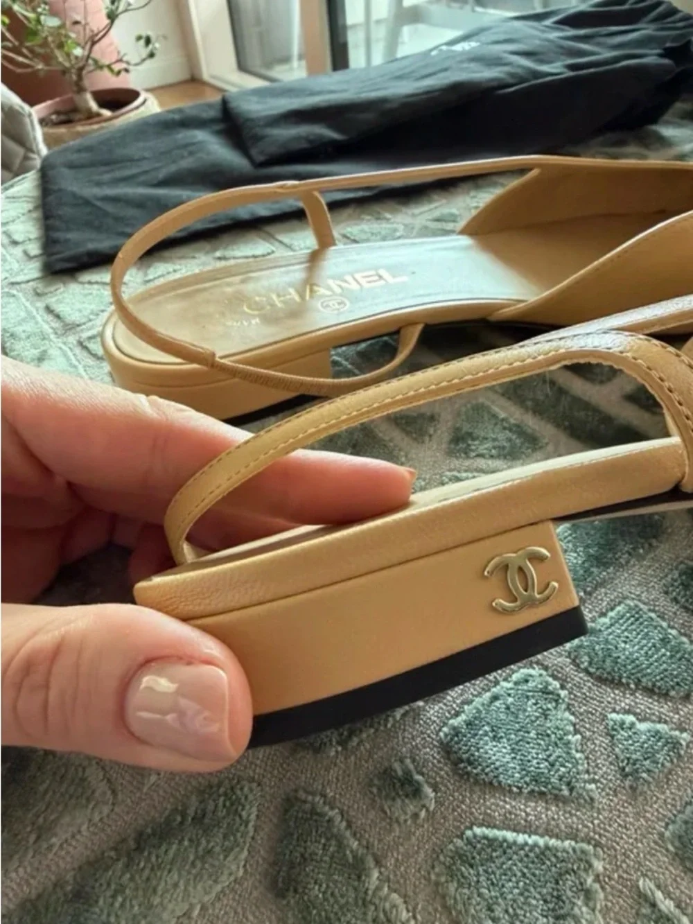 CHANEL Beige Leather Slingback Flats with Black Cap Toe